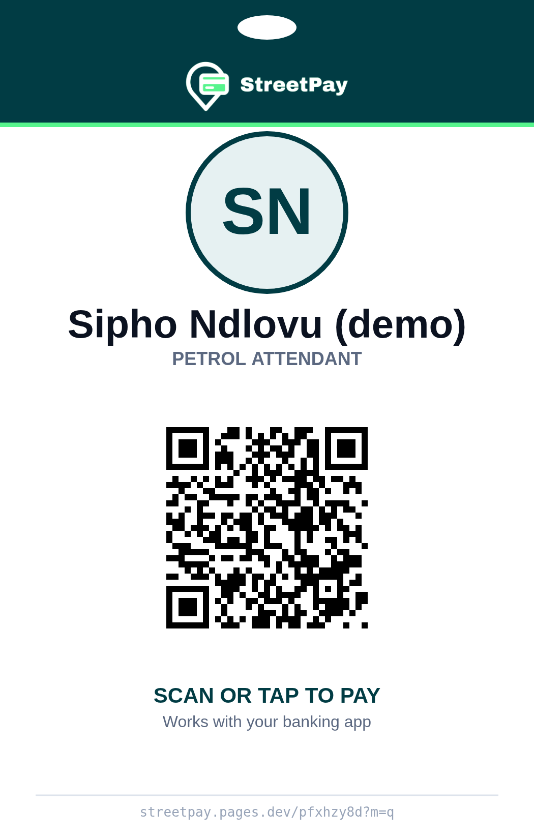 A StreetPay lanyard card showing a photo, a name, a role and a QR code